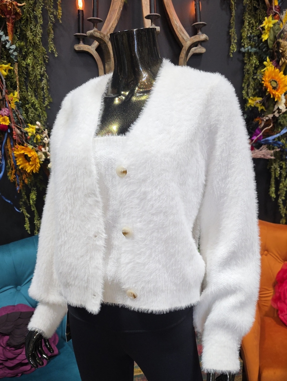 Willow & Wind White Fuzzy Button-Front Women's Cardigan & Under Tank Set